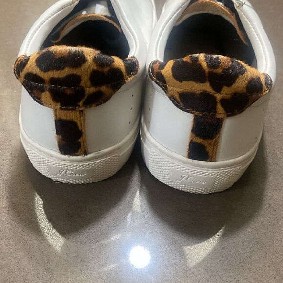 J. Crew Sneakers Women's Size 8.5 White/Leopard Print L7197 Lace Up Leather Shoe - Picture 3 of 7